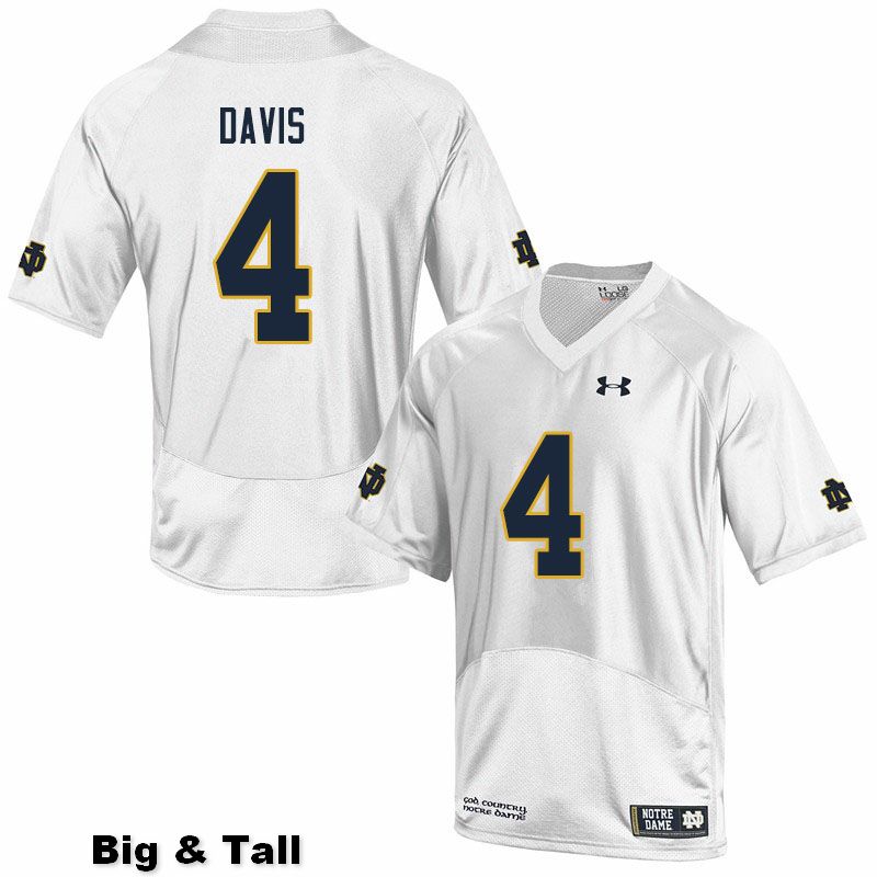 Men's NCAA Notre Dame Fighting Irish #4 Avery Davis Stitched College Under Armour Authentic White Big & Tall Football Jersey IY10V32NQ